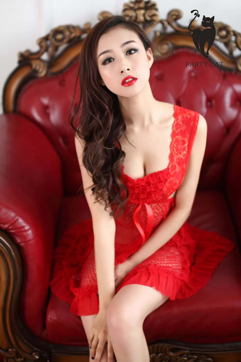 [PartyCat轰趴猫]No.025_嫩模颜值姐私房红色缕空蕾丝连身裙秀完美身材诱惑写真40P